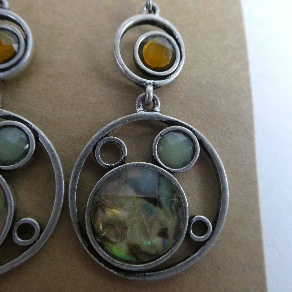 Silver Tone Abalone Shell Rhinestone Jeweled Dang… - image 3